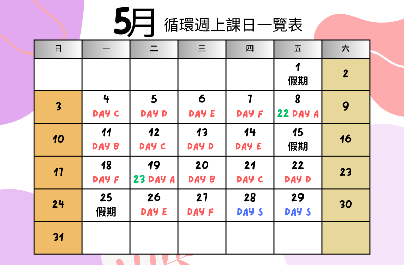 五月循環週上課日一覽表